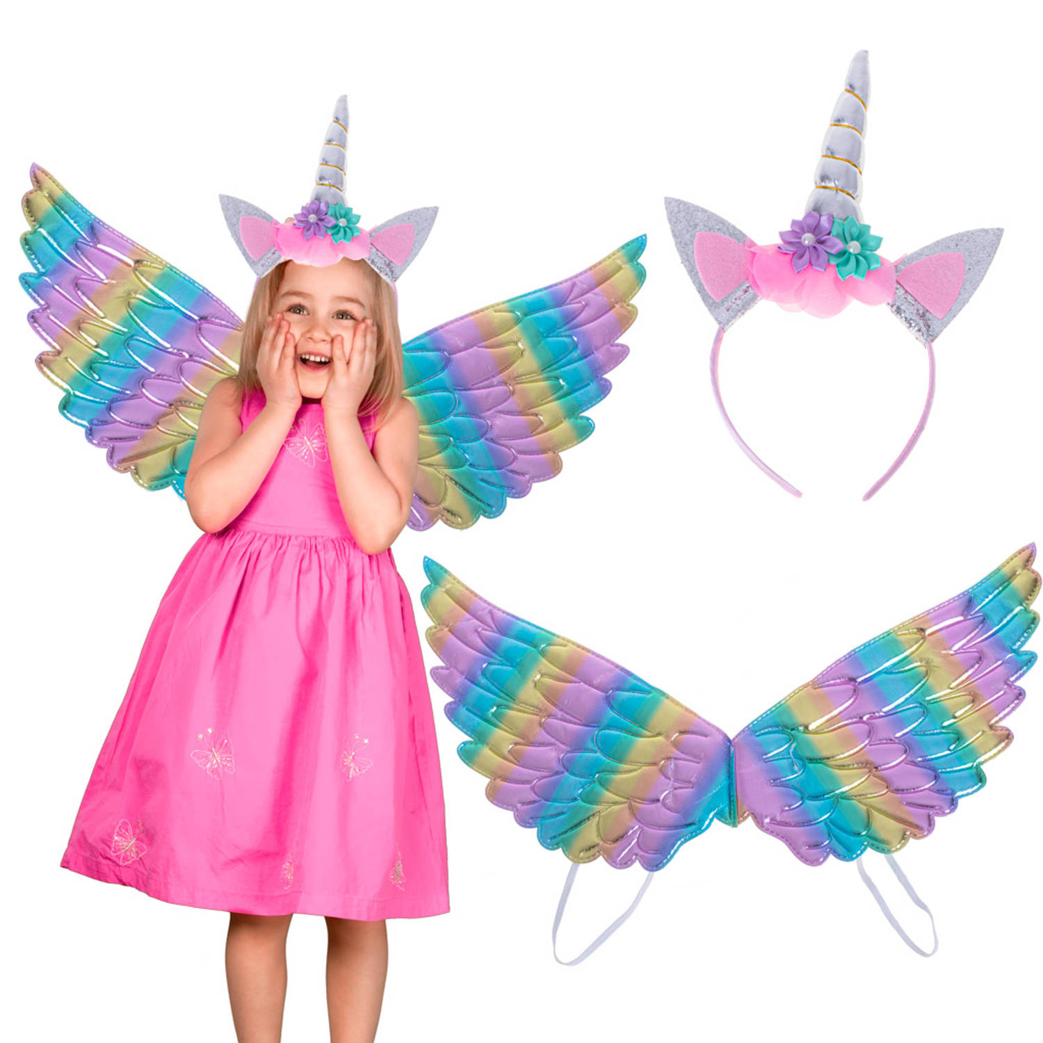 Kinder verkleedkleren / carnaval outfit unicorn met regenboog vleugels - Verkeedset voor kinderen
