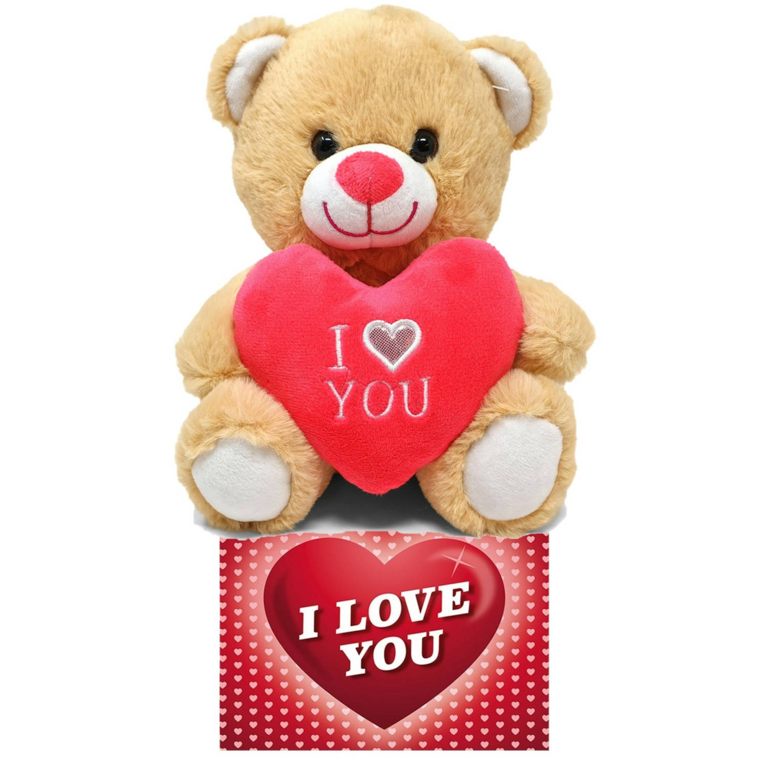 Licht bruine pluche knuffelbeer 30 cm incl. Valentijnskaart I Love You Knuffelberen