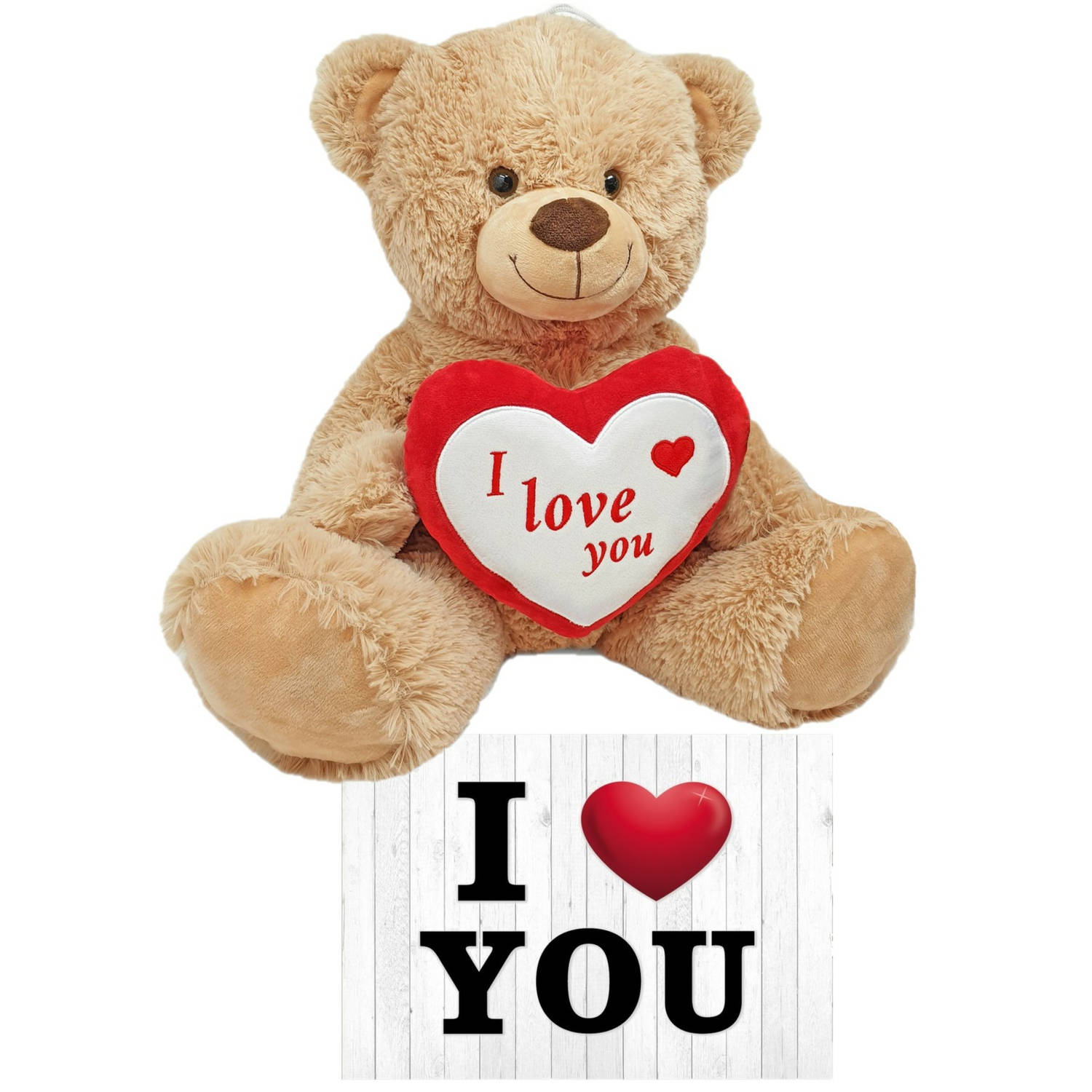 Bruine pluche knuffelbeer-teddybeer 45 cm incl. Valentijnskaart I Love You Knuffelberen