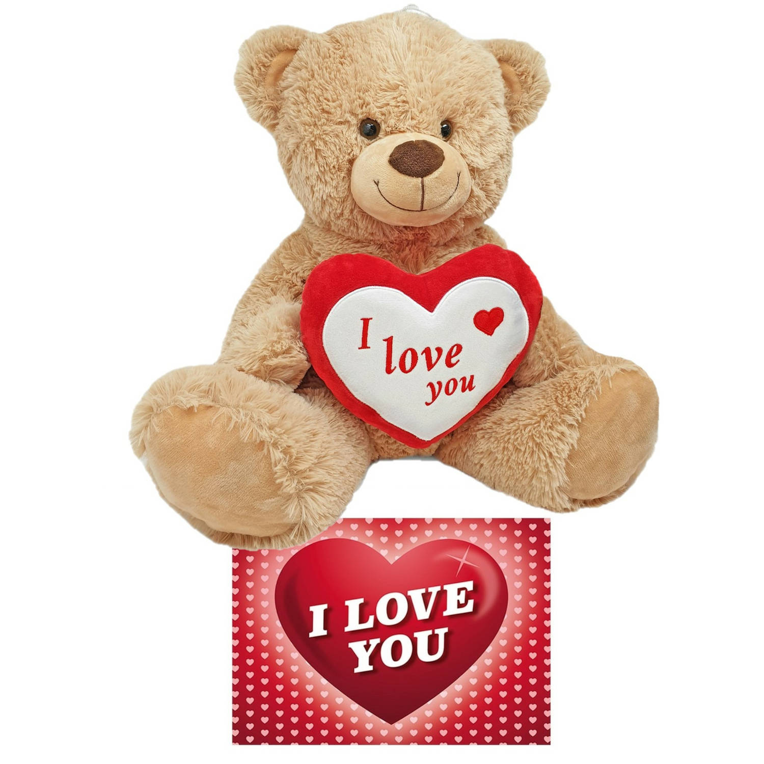 Bruine pluche knuffelbeer-teddybeer 45 cm incl. Valentijnskaart I Love You Knuffelberen