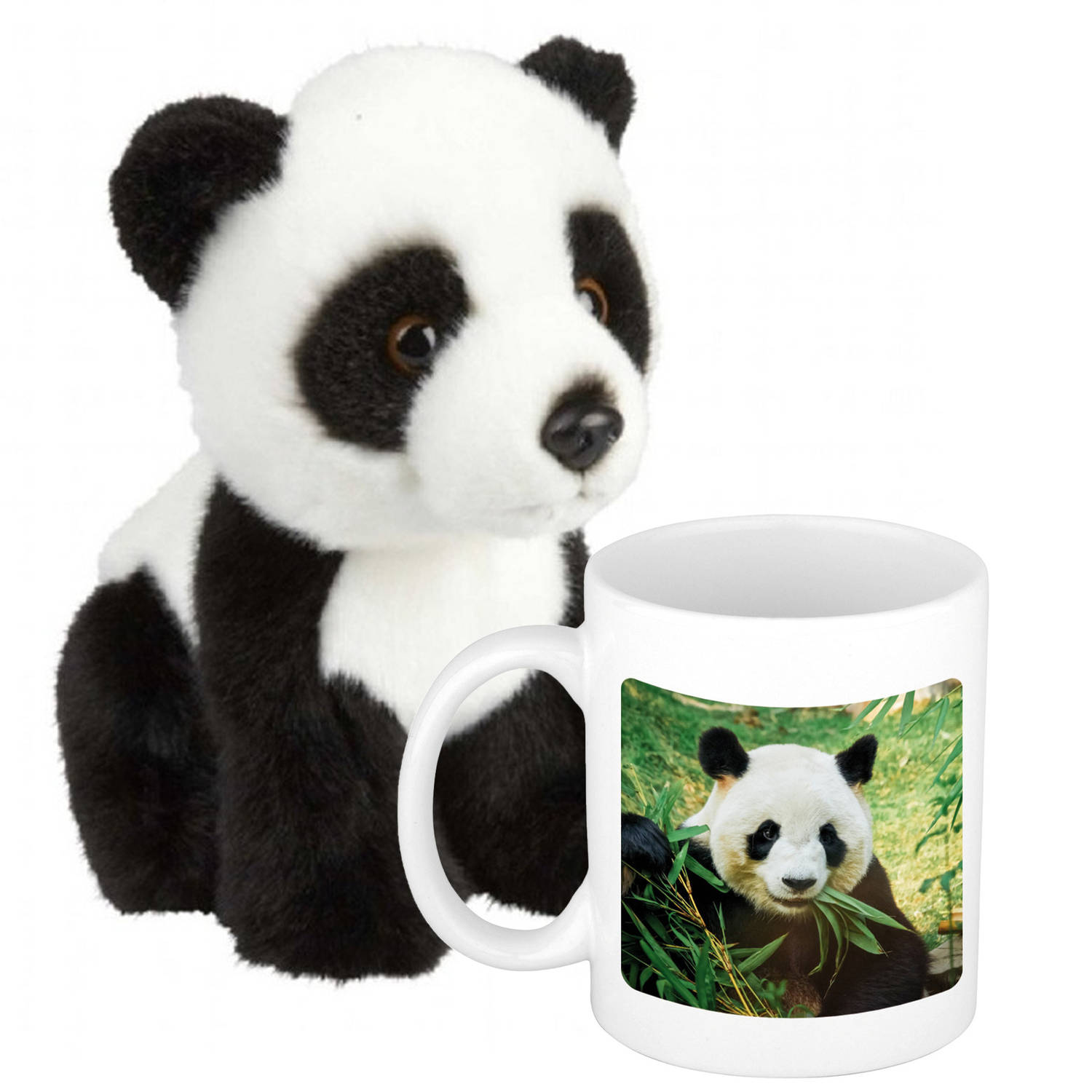 Cadeauset Kind Panda Knuffel 18 Cm En Drinkbeker-mol Panda 300 Ml Knuffeldier