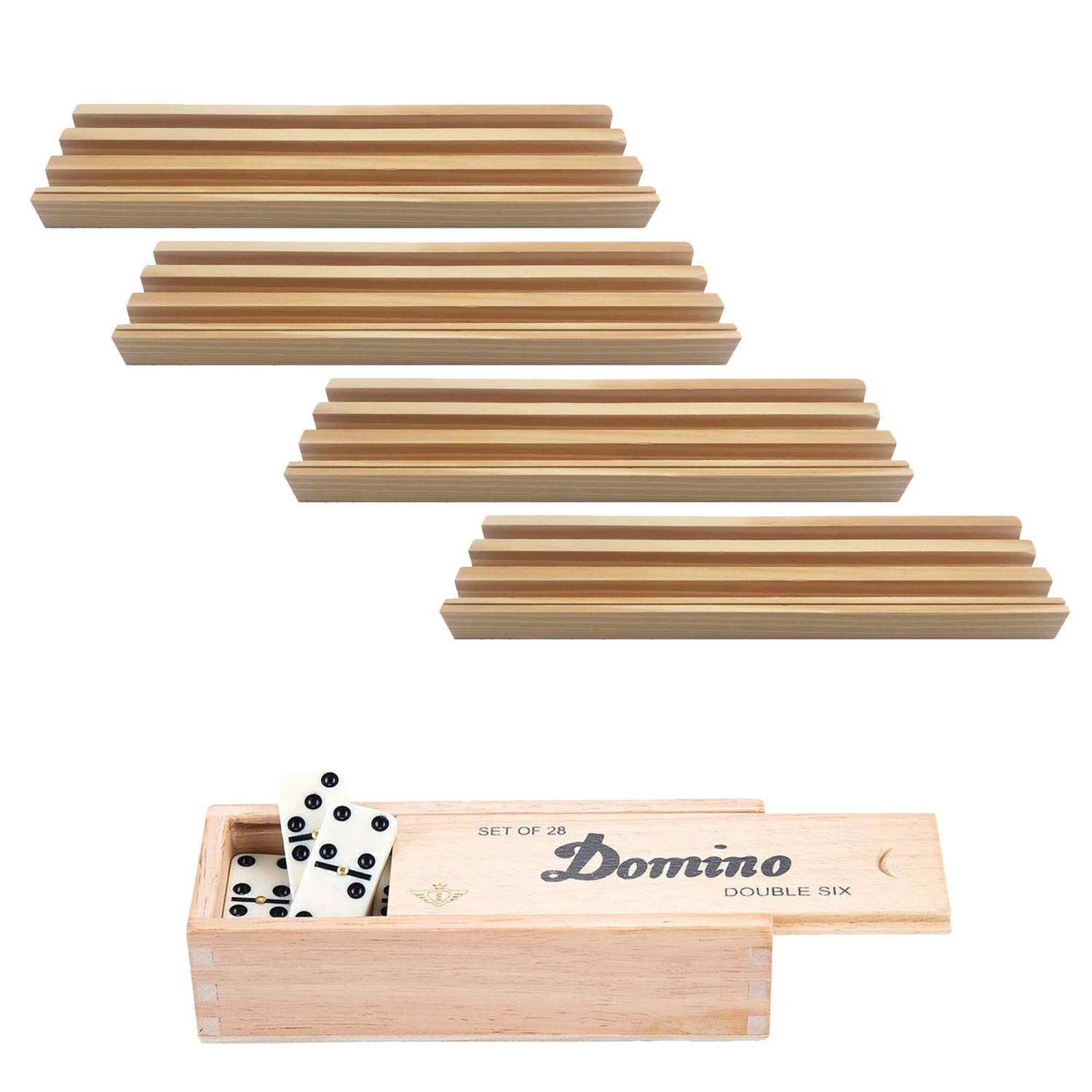 4x Dominostenenhouder met domino spel in houten 28x stenen - Speelkaarthouders | Blokker