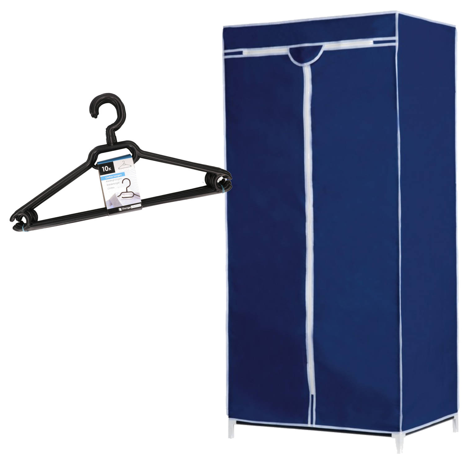 Set van mobiele opvouwbare kledingkast met blauwe hoes 160 cm en 10x plastic kledinghangers zwart - Campingkledingkasten