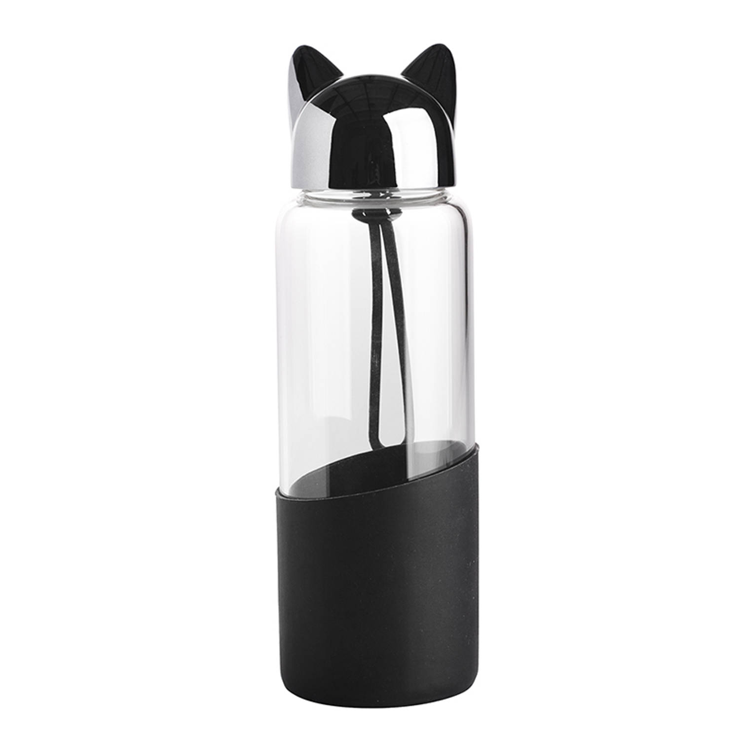 Altom design glazen waterfles of drinkfles voor kinderen en volwassenen - Met kattendop - Zwart