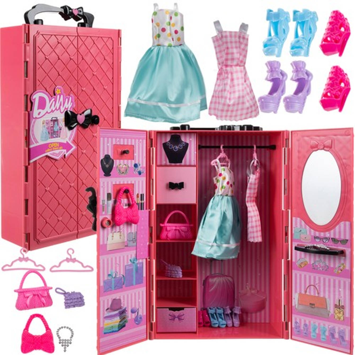 Poppen kledingkast en garderobe met accessoires - Voor in een poppenhuis - Jurk - Schoenen - Handtas - Roze