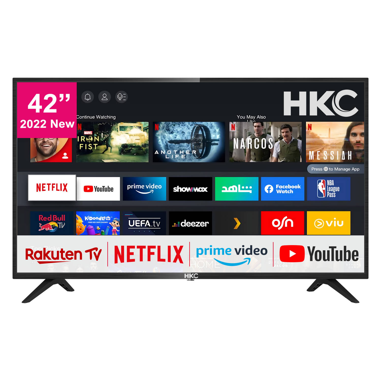 HKC NHV42H3 TV 42 inch (106 cm) Smart TV met Netflix, Prime Video, Disney+, Youtube, Wifi, triple tuner DVB-T2 / S2 / C, Dolby Audio