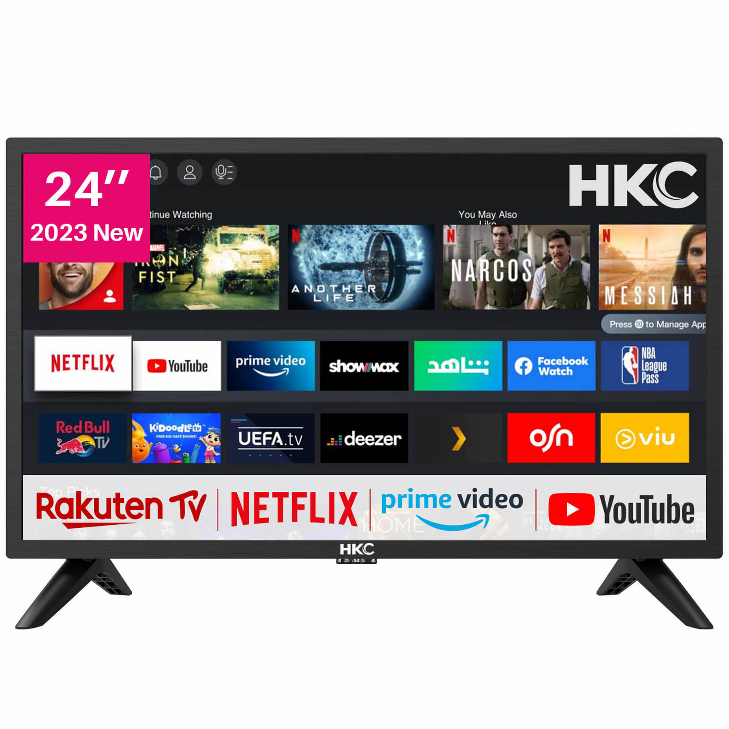 HKC NHV24H3 - Smart TV 24 Inch (60 cm) Televisie - Netflix, Prime Video, Rakuten TV, DAZN, Disney+, Youtube, UVM, Wifi, Triple Tuner DVB-T2 / S2 / C