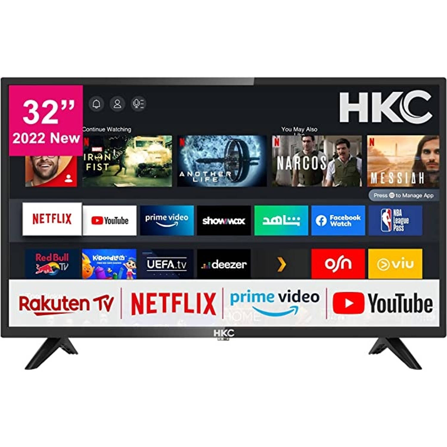 HKC NHV32H3 Smart TV 32 Inch (80 cm) Televisie met Netflix, Prime Video, Rakuten TV, DAZN, Disney+, Youtube, UVM, Wifi, Triple Tuner DVB-T2 / S2 / C
