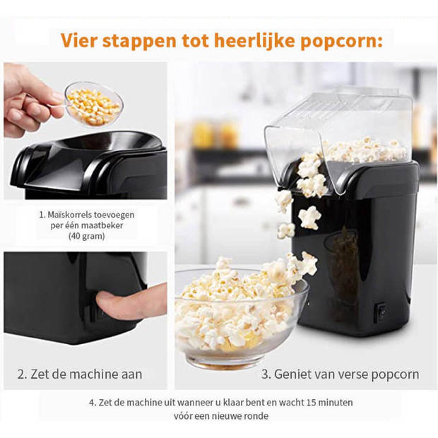 Day Popcorn Machine Heteluchtsysteem - Vetvrije Popcorn Maker - 1200W – Zwart – Klaar in 3 Minuten
