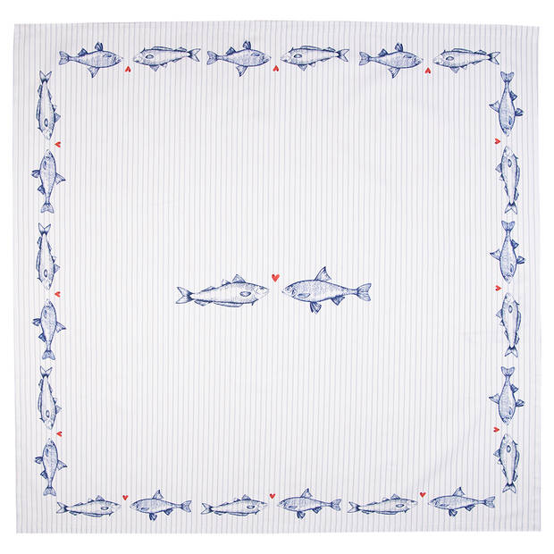 Clayre & Eef Tafelkleed 130x180 cm Wit Blauw Katoen Rechthoek Vissen Tafellaken Wit Tafellaken