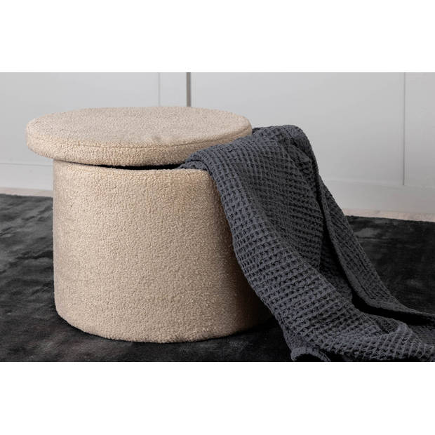 Dunken poef, hocker met opbergruimte Ø51cm teddystof beige.