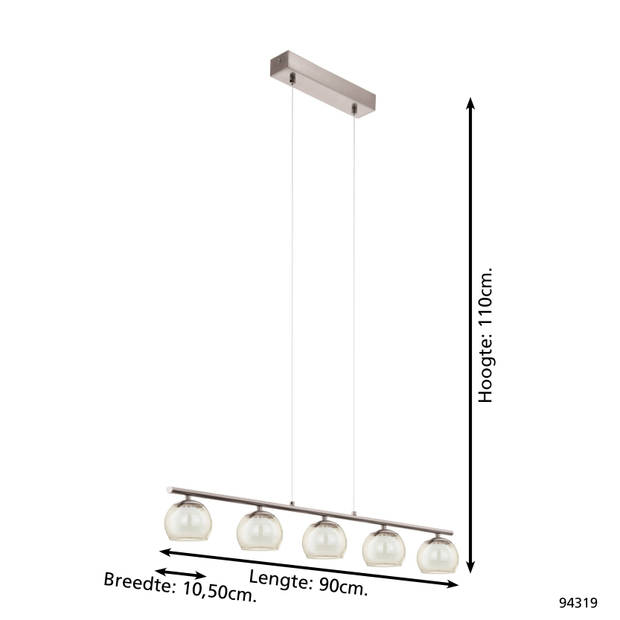 EGLO Ascolese - Hanglamp - 5 Lichts - 90cm - Nikkel-Mat - Amber, Wit