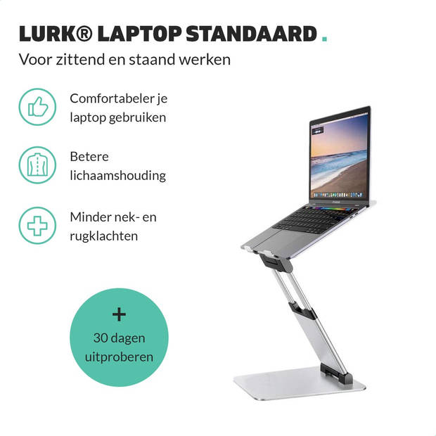 LURK® Laptop Standaard Ergonomisch - Aluminium Laptop Verhoger - Staand werken - Verstelbaar en Opvouwbaar - Silver
