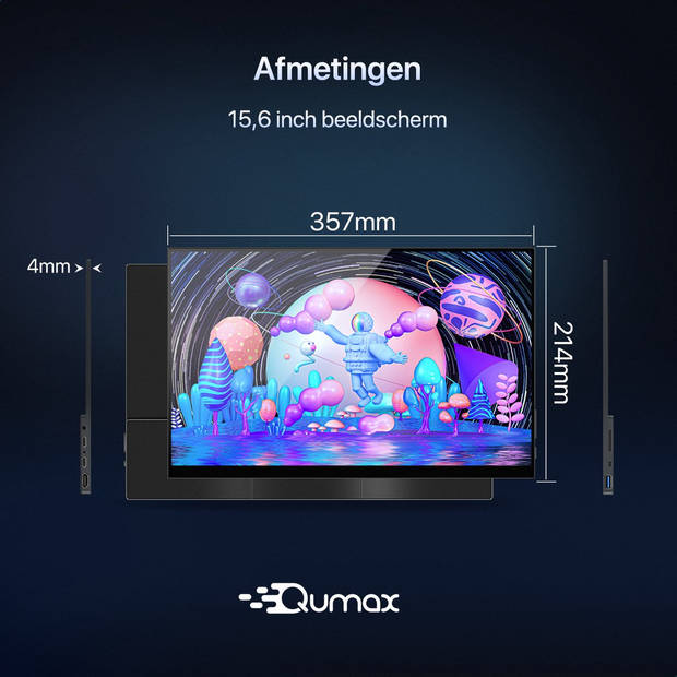 Qumax Portable Monitor – 15.6 inch Draagbare monitor – Full HD – HDMI & USB-C – Inclusief Hoes & Standaard