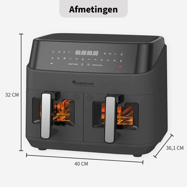 TurboTronic DAF6W Dubbele Airfryer XXL met Raam - 9 Liter - Grijs