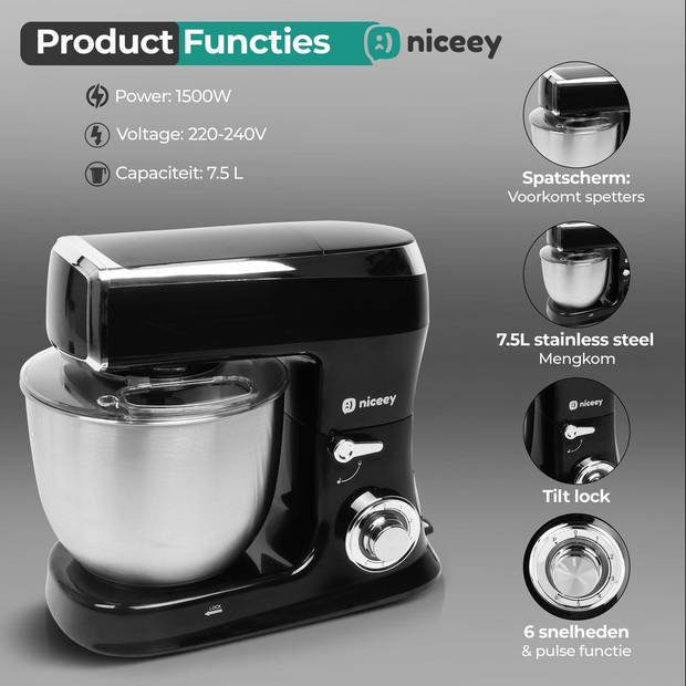 Niceey 3-in-1 Keukenmachine - 1500W - 7.5L - Zwart