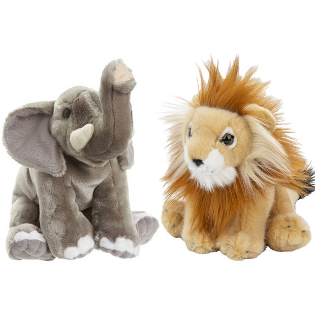 Zachte pluche knuffels 2x stuks - Leeuw en Olifant van 18 cm - Knuffeldier