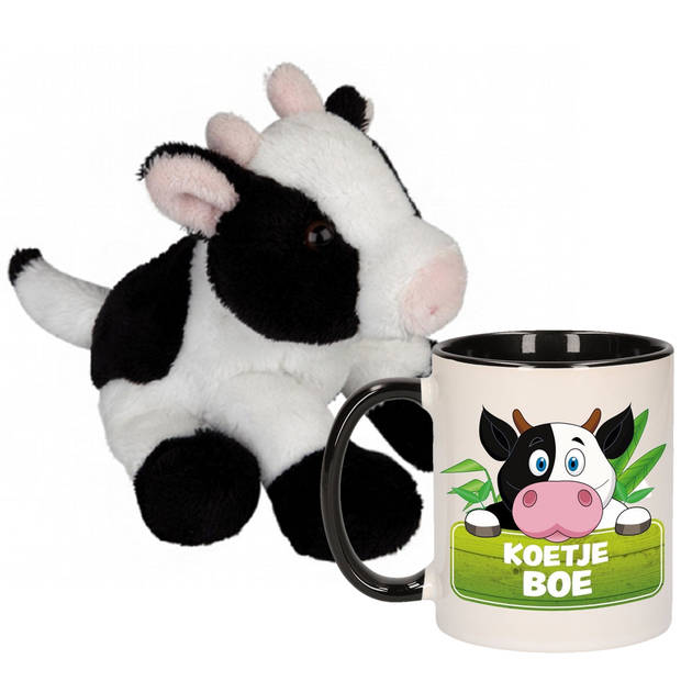 Cadeau set kind - Koeien knuffel 15 cm en Drinkbeker/mok Koe 300 ml - Knuffel boederijdieren