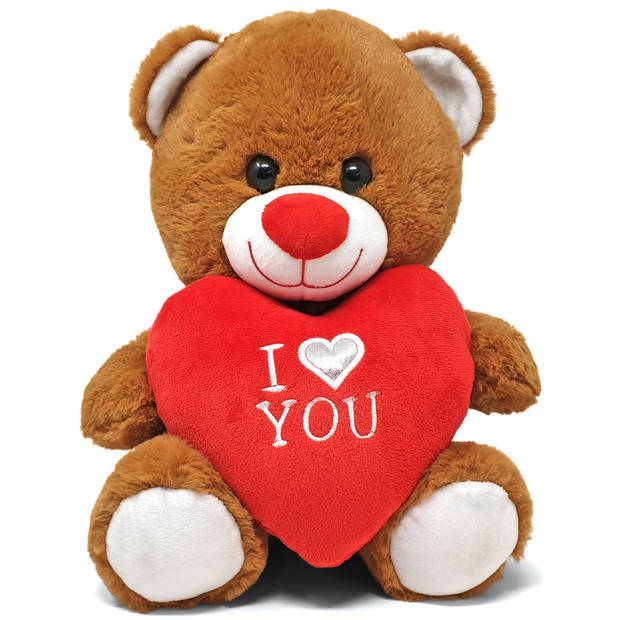 Donker bruine pluche knuffelbeer 30 cm incl. Valentijnskaart I Love You - Knuffelberen