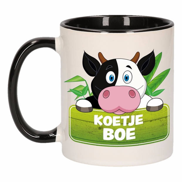 Cadeau set kind - Koeien knuffel 14 cm en Drinkbeker/mok Koe 300 ml - Knuffel boederijdieren