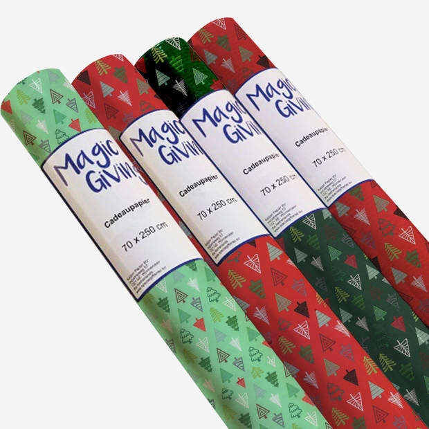 3x Rollen inpakpapier/cadeaupapier Kerst print rood/gekleurde kerstbomen 250 x 70 cm luxe kwaliteit - Cadeaupapier