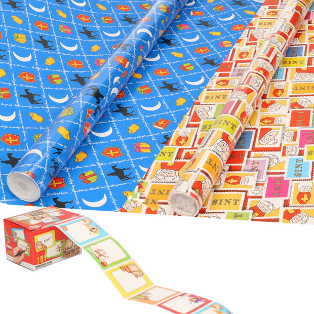 Sinterklaas inpakpapier/cadeaupapier 6x rollen en 50 naam stickers - Cadeaupapier