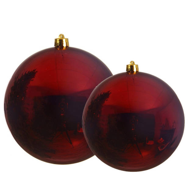 Grote kerstballen 2x stuks donkerrood 14 en 20 cm kunststof - Kerstbal