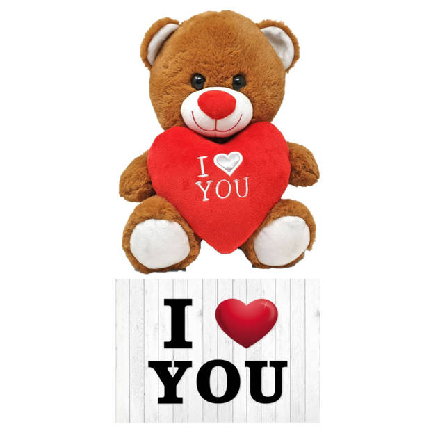 Donker bruine pluche knuffelbeer 20 cm incl. Valentijnskaart I Love You - Knuffelberen