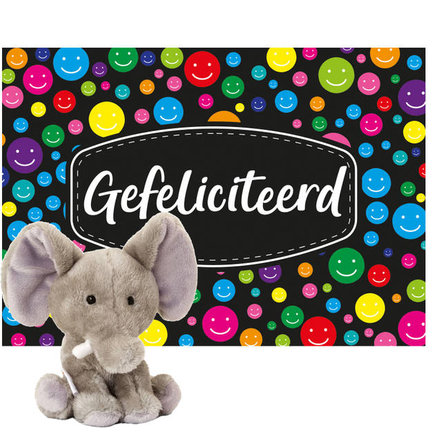 Keel Toys pluche olifant knuffel 14 cm met Gefeliciteerd A5 wenskaart - Knuffeldier