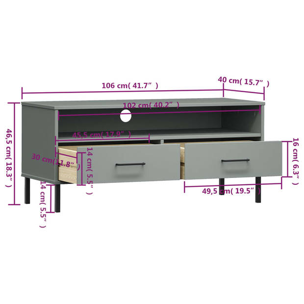 The Living Store OSLO TV-meubel - 106 x 40 x 46.5 cm - massief grenenhout - grijs - 2 lades