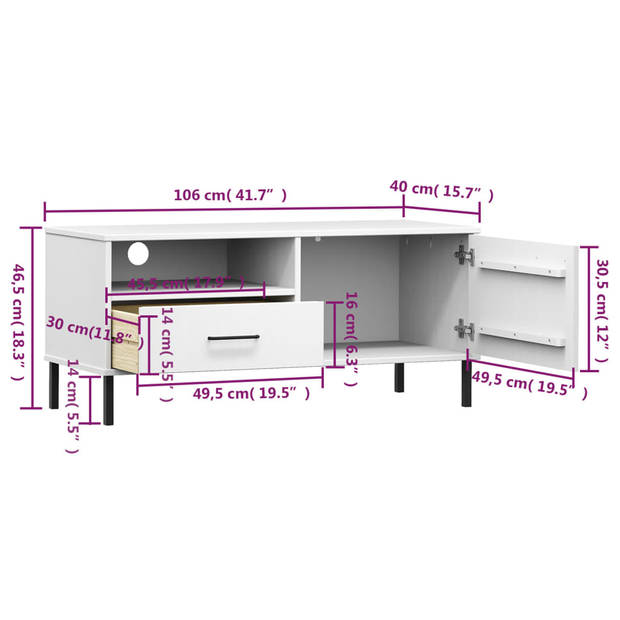 vidaXL Tv-meubel met metalen poten OSLO massief grenenhout wit