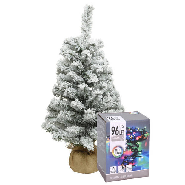 Mini kerstboom - 60 cm - met sneeuw en kerstverlichting gekleurd - Kunstkerstboom