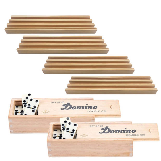 4x Dominostenenhouder met 2x domino spel in houten doos 56x stenen - Speelkaarthouders