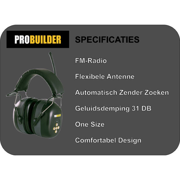 Probuilder Gehoorbescherming met FM Radio Oorkappen Heavy Duty Werfradio SNR 31 dB Flexible Antenne Hi-Fi Kwaliteit