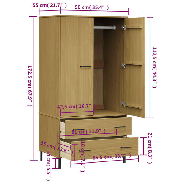 vidaXL Kledingkast metalen poten OSLO 90x55x172,5 cm grenenhout bruin