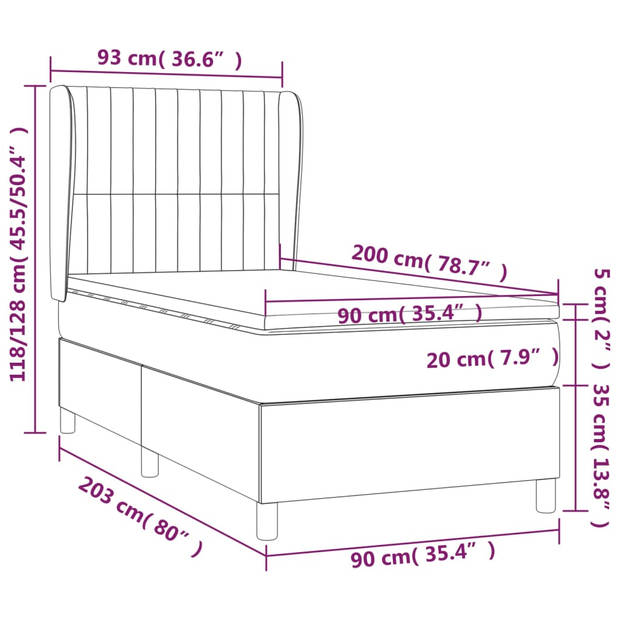 The Living Store Boxspringbed - pocketvering - middelhard - zwart - 203x93x118/128 cm - inclusief matras en topmatras
