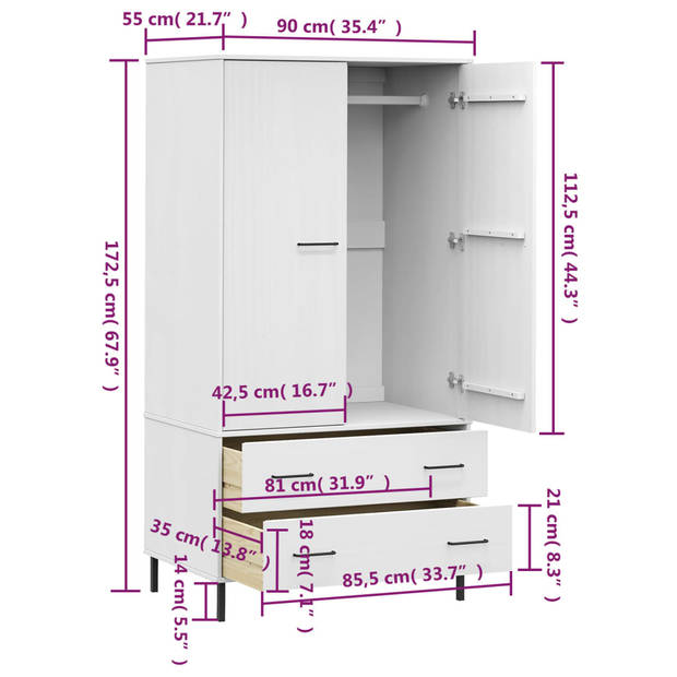 vidaXL Kledingkast met metalen poten OSLO 90x55x172,5 cm hout wit