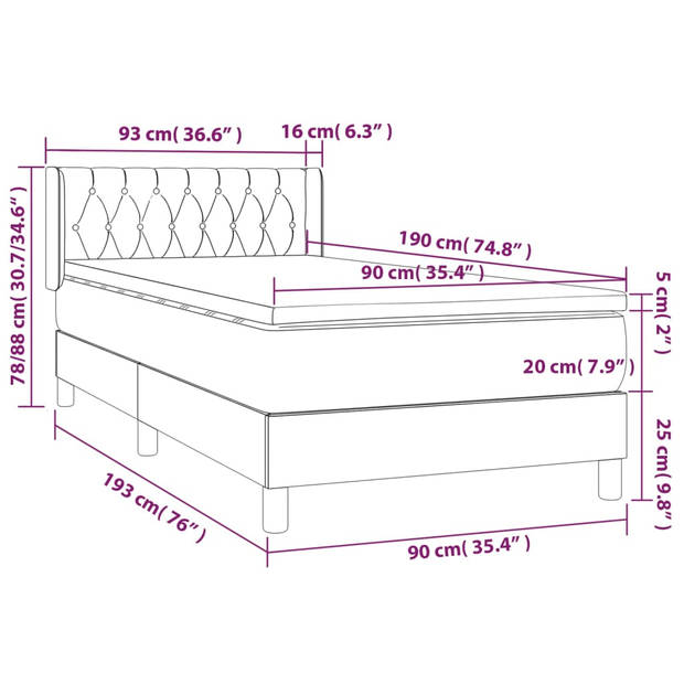 vidaXL Boxspring met matras fluweel lichtgrijs 90x190 cm