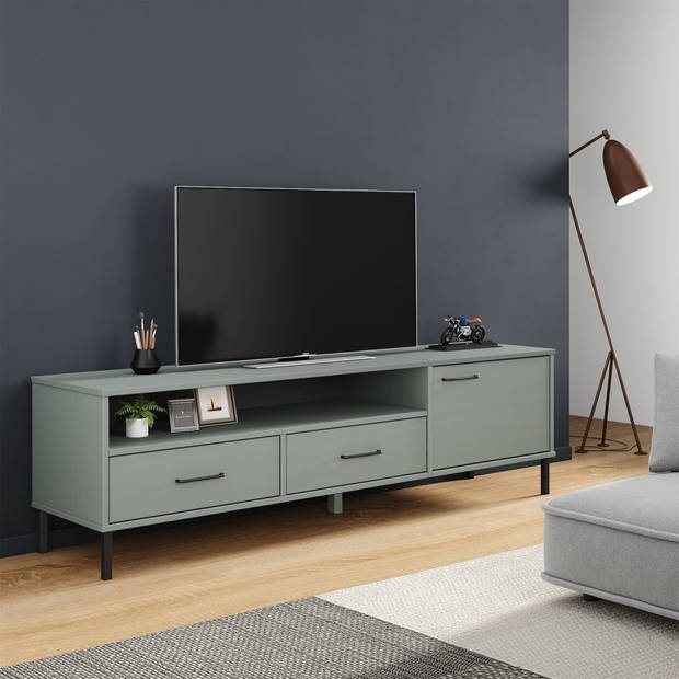 vidaXL Tv-meubel met metalen poten OSLO massief grenenhout grijs