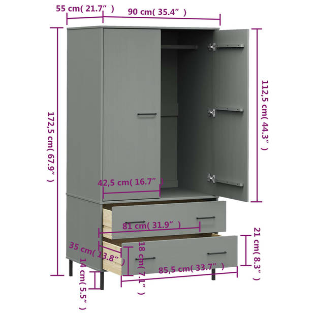 vidaXL Kledingkast met metalen poten OSLO 90x55x172,5 cm hout grijs