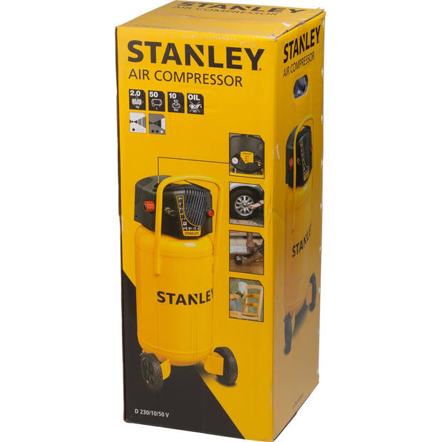 Stanley Compressor D230/10/50V - Luchtcompressor 10 Bar - 50L - 222L/Min - Met Handvat en Wielen - Olievrij - Geel