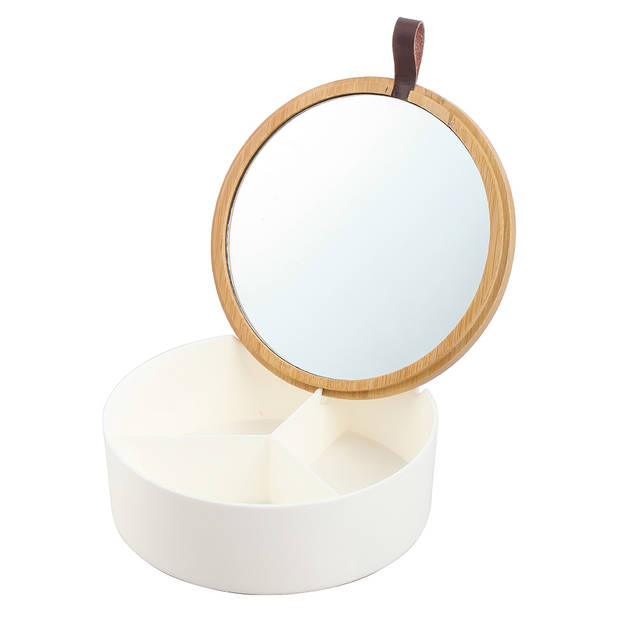 Altom Design juwelendoos / sieradendoos met spiegel 3-vaks bamboe 14 x 14 x 5 cm wit