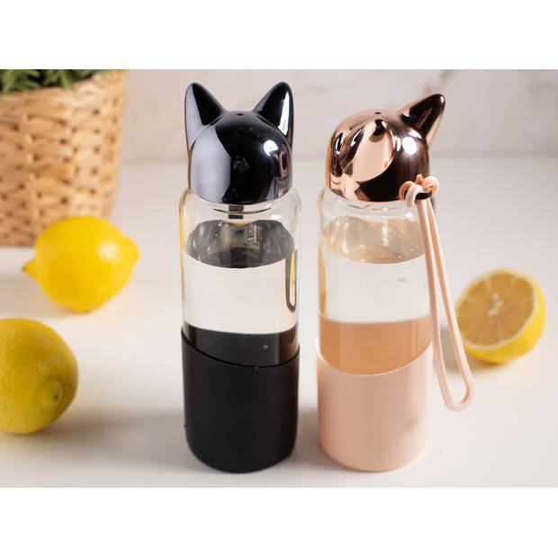 Altom design glazen waterfles of drinkfles voor kinderen en volwassenen - Met kattendop - Zwart
