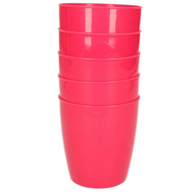 Kunststof ontbijt/diner 6x diep bordjes 21 cm en 5x bekertjes 300 ML set roze - Campingborden