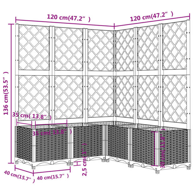 vidaXL Plantenbak met latwerk 120x120x136 cm polypropeen donkergrijs