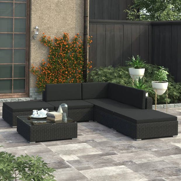 vidaXL 6-delige Loungeset met kussens poly rattan zwart