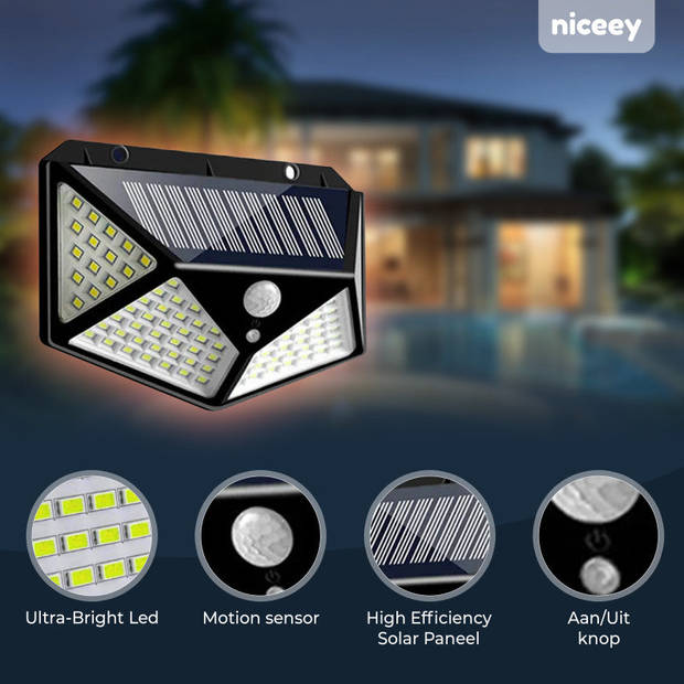 Niceey Solar Buitenlamp - Set van 2 - 100 LED's - Zwart