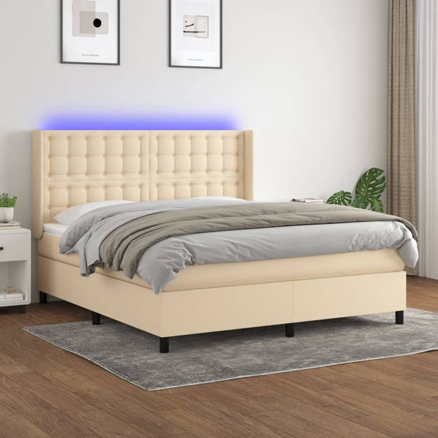 vidaXL Boxspring met matras en LED stof crèmekleurig 180x200 cm