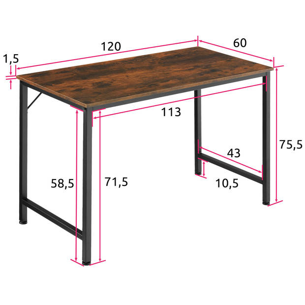 tectake - Bureau Jenkins 120 cm industrieel donkerbruin - 404461