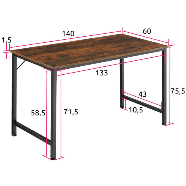 tectake - Bureau Jenkins 140 cm industrieel donkerbruin - 404463